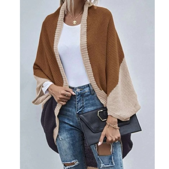 Cozy Color Block Batwing Oversized Open Front Cardigan - Picture 2 of 6